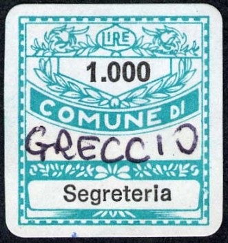 Marca da Bollo del Comune di GRECCIO su Carta Bianca di dimensioni 19 x 21 mm