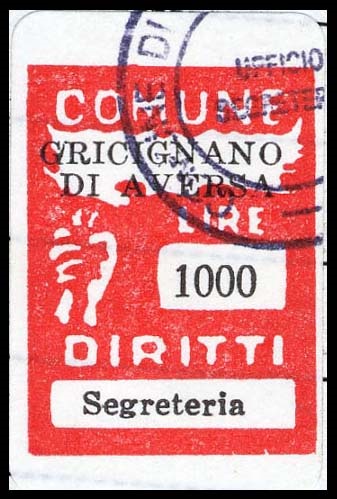Marca da Bollo del Comune di GRICIGNANO DI AVERSA su Carta Bianca di dimensioni 20 x 27 mm