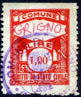 Marca da Bollo del Comune di GRIGNO su Carta Bianca di dimensioni 22 x 29 mm