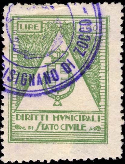 Marca da Bollo del Comune di GRISIGNANO DI ZOCCO su Carta Bianca Sottile di dimensioni 23 X 30 mm