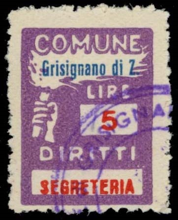 Marca da Bollo del Comune di GRISIGNANO DI ZOCCO su Carta Bianca di dimensioni 18,5 x 26 mm