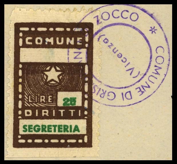 Marca da Bollo del Comune di GRISIGNANO DI ZOCCO su Carta Bianca di dimensioni 19 x 30 mm
