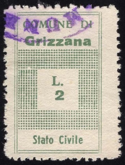 Marca da Bollo del Comune di GRIZZANA MORANDI su Carta Bianca di dimensioni 19 x 28 mm
