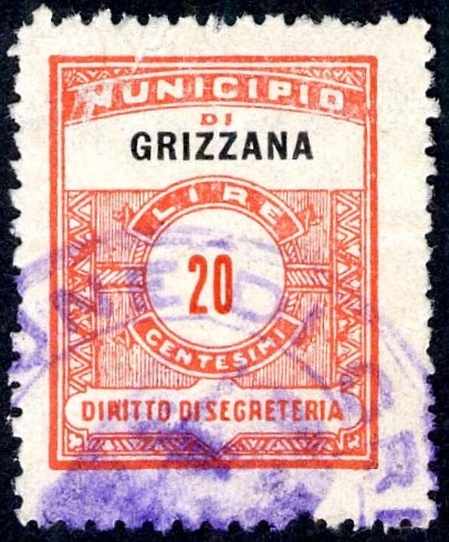 Marca da Bollo del Comune di GRIZZANA MORANDI su Carta Bianca di dimensioni 22,5 x 29 mm