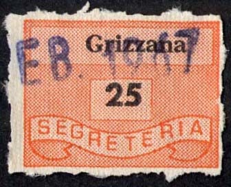 Marca da Bollo del Comune di GRIZZANA MORANDI su Carta Bianca di dimensioni 19,5 x 14,5 mm