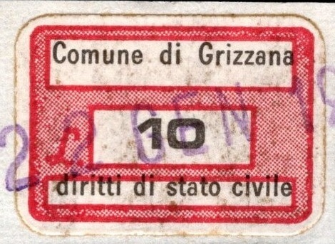 Marca da Bollo del Comune di GRIZZANA MORANDI su Carta Bianca di dimensioni 21 x 14 mm