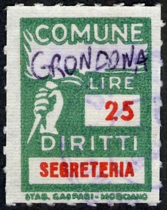 Marca da Bollo del Comune di GRONDONA su Carta Bianca Sottile di dimensioni 18,5 x 26 mm