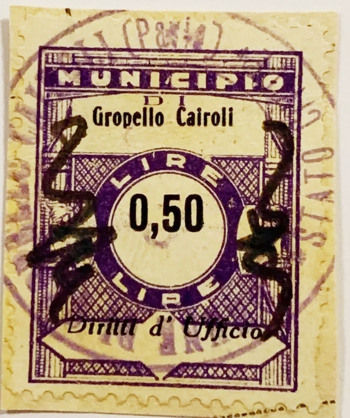 Marca da Bollo del Comune di GROPELLO CAIROLI su di dimensioni 22,5 x 29 mm