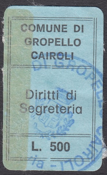 Marca da Bollo del Comune di GROPELLO CAIROLI su Carta Colorata di dimensioni 19,5 x 31,5 mm