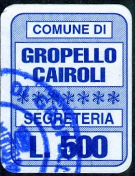 Marca da Bollo del Comune di GROPELLO CAIROLI su Carta Bianca di dimensioni 20 x 28 mm