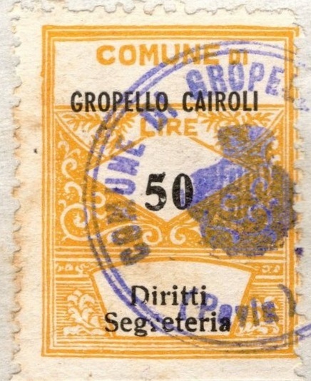 Marca da Bollo del Comune di GROPELLO CAIROLI su Carta Bianca di dimensioni 20 x 28 mm