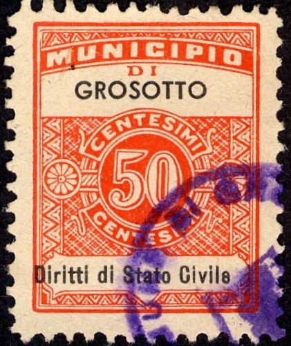 Marca da Bollo del Comune di GROSOTTO su Carta Bianca Sottile di dimensioni 22,5 x 29 mm