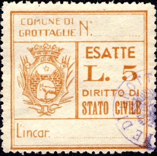 Marca da Bollo del Comune di GROTTAGLIE su Carta Bianca di dimensioni 31,5 x 32 mm