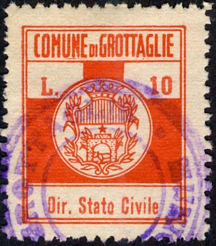 Marca da Bollo del Comune di GROTTAGLIE su Carta Bianca di dimensioni 22 x 20 mm