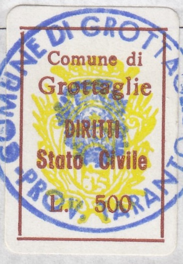 Marca da Bollo del Comune di GROTTAGLIE su Carta Bianca di dimensioni 17,5 x 21 mm