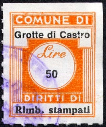 Marca da Bollo del Comune di GROTTE DI CASTRO su Carta Bianca di dimensioni 20 x 25 mm