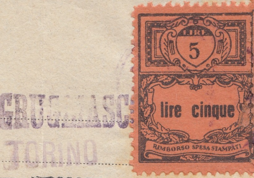 Marca da Bollo del Comune di GRUGLIASCO su Carta Colorata di dimensioni 22 x 28,5 mm