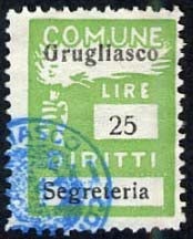 Marca da Bollo del Comune di GRUGLIASCO su Carta Bianca di dimensioni 18,5 x 26 mm
