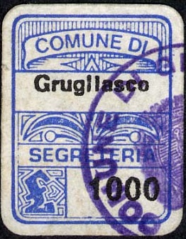 Marca da Bollo del Comune di GRUGLIASCO su Carta Bianca di dimensioni 15,5 x 20,5 mm
