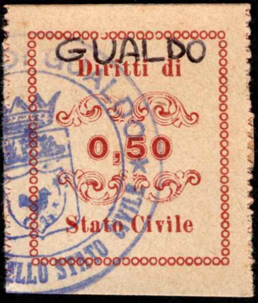 Marca da Bollo del Comune di GUALDO DI MACERATA su Carta Bianca Sottile di dimensioni 26 x 27 mm