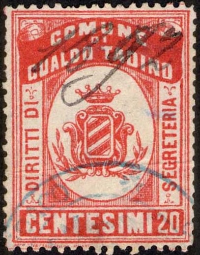 Marca da Bollo del Comune di GUALDO TADINO su Carta Bianca di dimensioni 25 x 32,5 mm