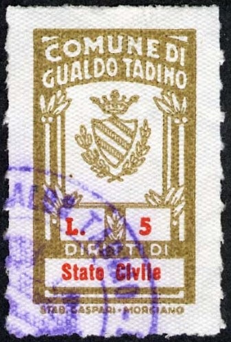 Marca da Bollo del Comune di GUALDO TADINO su Carta Bianca di dimensioni 16 x 27 mm