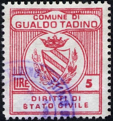 Marca da Bollo del Comune di GUALDO TADINO su Carta Bianca di dimensioni 25 x 29 mm