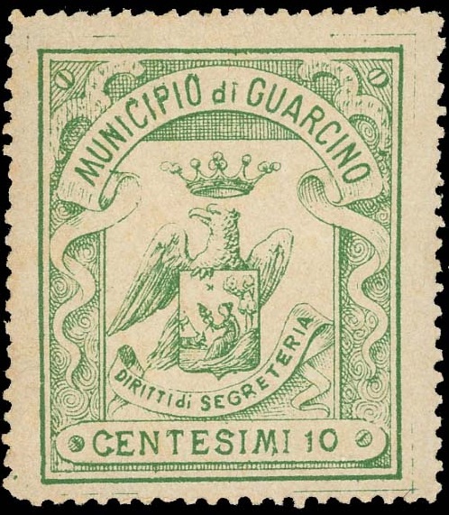 Marca da Bollo del Comune di GUARCINO su Carta Bianca Sottile di dimensioni 28 x 34 mm