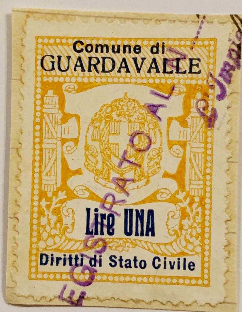 Marca da Bollo del Comune di GUARDAVALLE su Carta Bianca di dimensioni 21 X 33,5 mm
