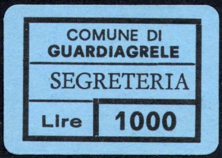 Marca da Bollo del Comune di GUARDIAGRELE su Carta Colorata di dimensioni 24,5 X 17 mm