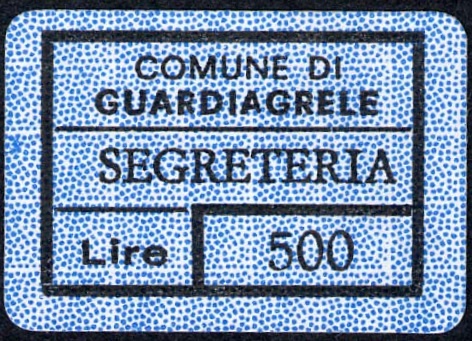 Marca da Bollo del Comune di GUARDIAGRELE su Carta Colorata di dimensioni 24,5 X 17 mm