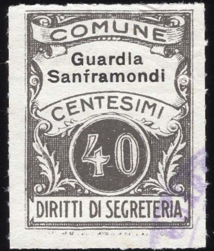 Marca da Bollo del Comune di GUARDIA SANFRAMONDI su Carta Bianca Sottile di dimensioni 22,5 x 29 mm