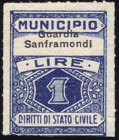 Marca da Bollo del Comune di GUARDIA SANFRAMONDI su Carta Bianca Sottile di dimensioni 22,5 x 29 mm