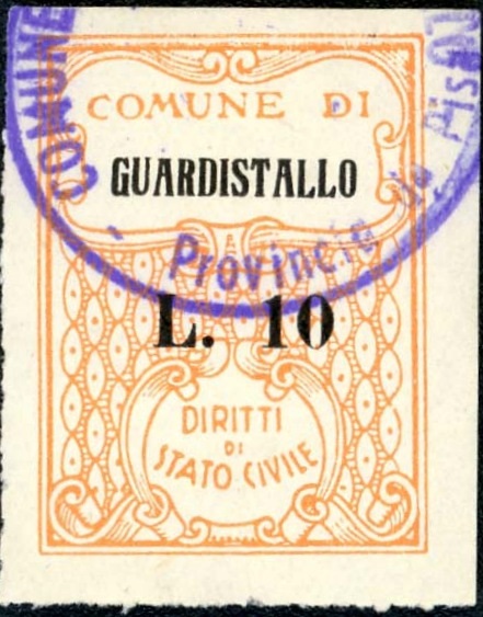 Marca da Bollo del Comune di GUARDISTALLO su Carta Bianca di dimensioni 24 x 32 mm