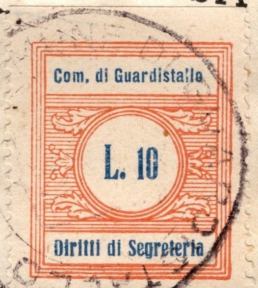 Marca da Bollo del Comune di GUARDISTALLO su Carta Bianca di dimensioni 22 x 29 mm