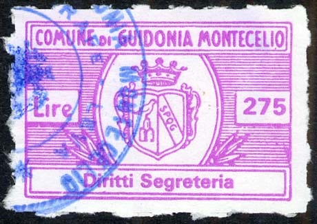 Marca da Bollo del Comune di GUIDONIA MONTECELIO su Carta Bianca di dimensioni 27,5 x 18 mm