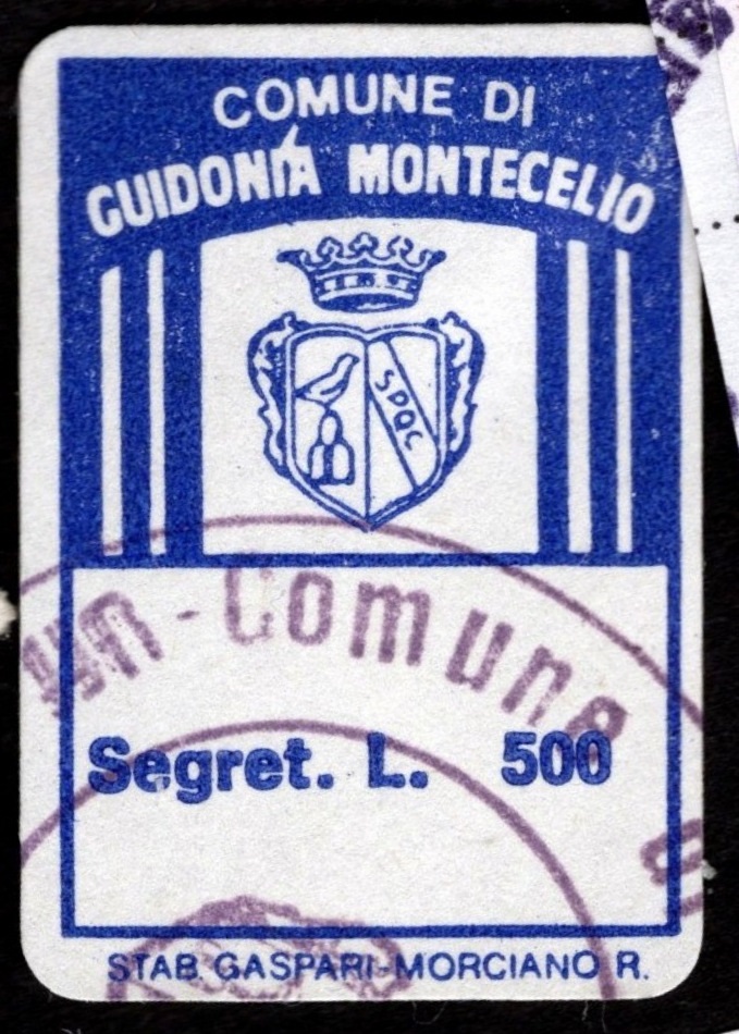 Marca da Bollo del Comune di GUIDONIA MONTECELIO su Carta Bianca di dimensioni 21,5 x 34 mm