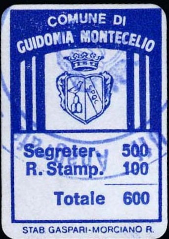 Marca da Bollo del Comune di GUIDONIA MONTECELIO su Carta Bianca di dimensioni 19 x 28,5 mm