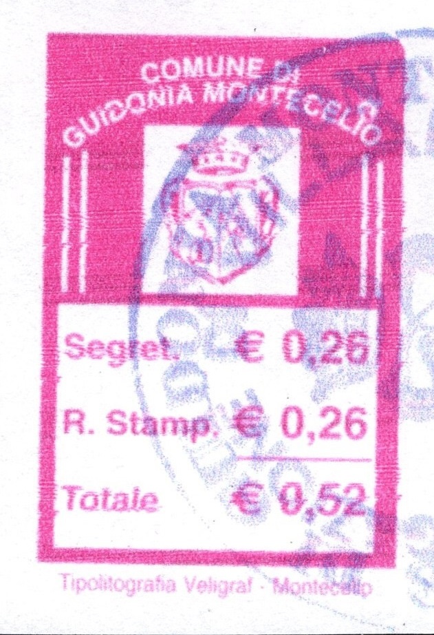 Marca da Bollo del Comune di GUIDONIA MONTECELIO su Carta Bianca di dimensioni 19 x 28,5 mm
