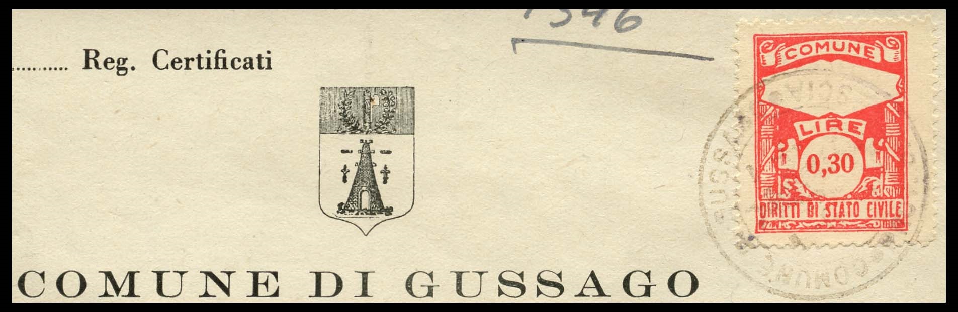 Marca da Bollo del Comune di GUSSAGO su Carta Bianca di dimensioni 22 x 29 mm