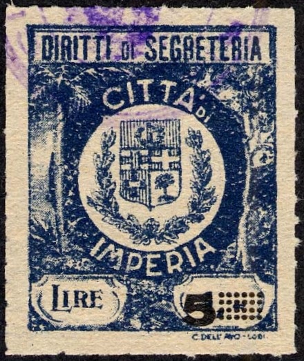 Marca da Bollo del Comune di IMPERIA su Carta Bianca di dimensioni 24,5 x 31 mm