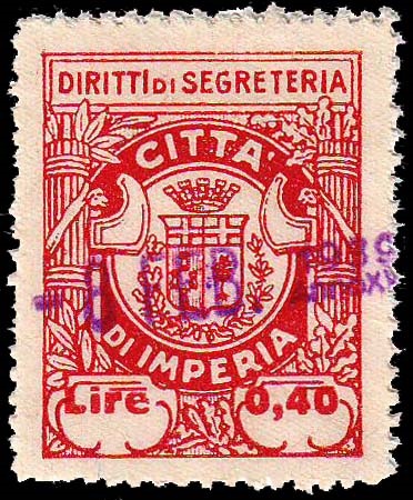 Marca da Bollo del Comune di IMPERIA su Carta Bianca di dimensioni 24 x 30,5 mm