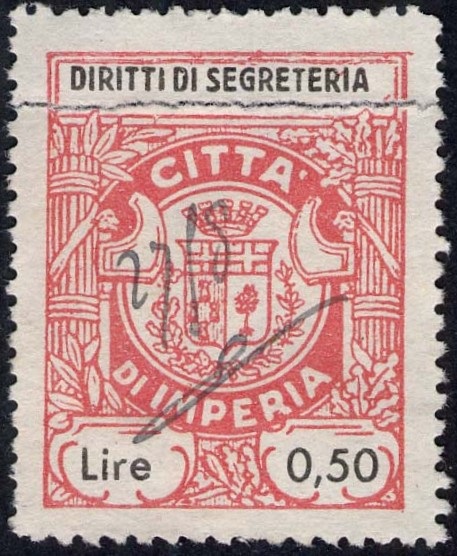 Marca da Bollo del Comune di IMPERIA su Carta Bianca di dimensioni 24 x 30,5 mm