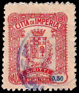 Marca da Bollo del Comune di IMPERIA su Carta Bianca di dimensioni 22 x 25,5 mm