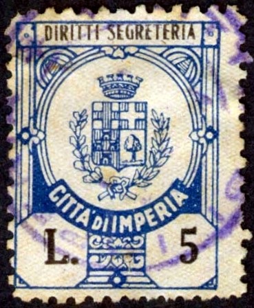 Marca da Bollo del Comune di IMPERIA su Carta Bianca di dimensioni 20 x 26,5 mm