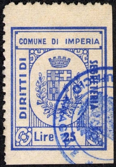 Marca da Bollo del Comune di IMPERIA su Carta Bianca di dimensioni 22 x 28 mm