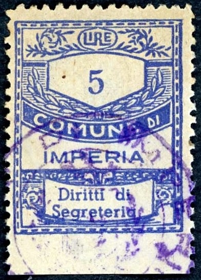 Marca da Bollo del Comune di IMPERIA su Carta Bianca di dimensioni 23 x 29 mm