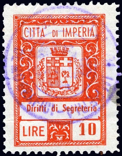 Marca da Bollo del Comune di IMPERIA su Carta Bianca di dimensioni 22 x 32 mm