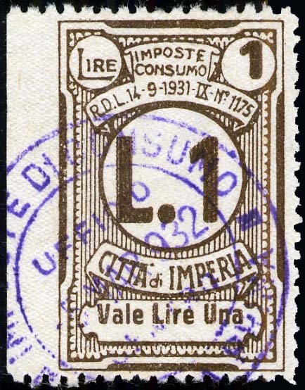 Marca da Bollo del Comune di IMPERIA su Carta Bianca di dimensioni 22,5 x 35 mm