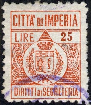 Marca da Bollo del Comune di IMPERIA su Carta Bianca di dimensioni 16,5 X 21 mm